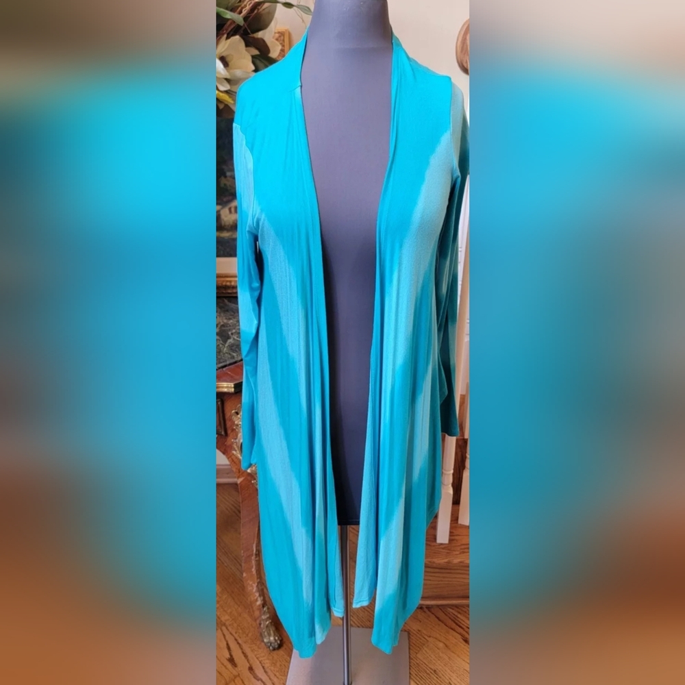NWT INC LONG THIN WATERFALL SWEATER TURQUOISE TIE DYE L